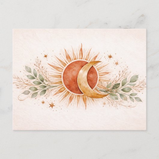 Terracotta Boho Hemel Zon Maan Botanisch Briefkaart (Voorkant)