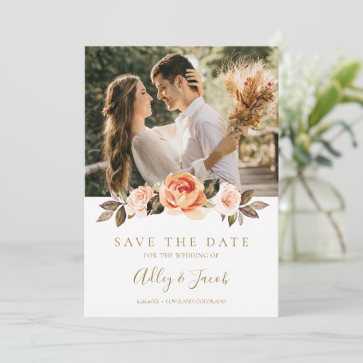 Terracotta Boho Herfst Bloemen Vaal Oranje Trouwfe Save The Date (Staand voorkant)