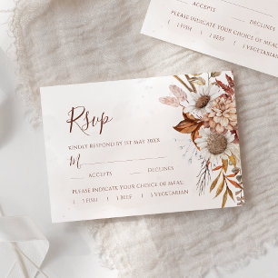 Terracotta Boho Herfst Bloemstuk Eetopties Bruilof RSVP Kaartje