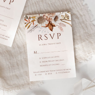 Terracotta Boho Herfst Bloemstuk Eetopties Bruilof RSVP Kaartje