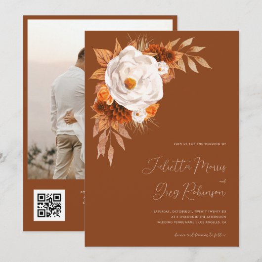 Terracotta Boho Herfst Floral QR Code Foto Bruilof Kaart (Voorkant / Achterkant)