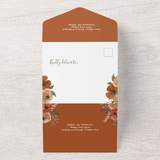 Terracotta Boho Herfst Floral Waterverf bruiloft All In One Uitnodiging (Buitenkant)
