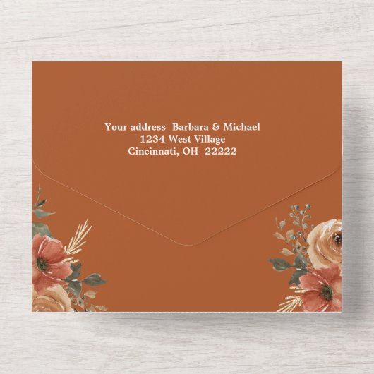 Terracotta Boho Herfst Floral Waterverf bruiloft All In One Uitnodiging (Achterkant)