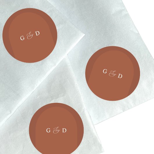 Terracotta Boho Koriander Monogram Elegante bruilo Ronde Sticker