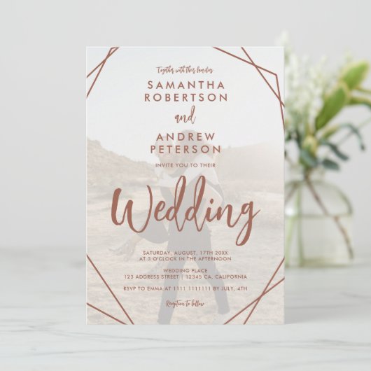 Terracotta boho lijst fotoscript Qr code bruiloft Kaart (Staand voorkant)