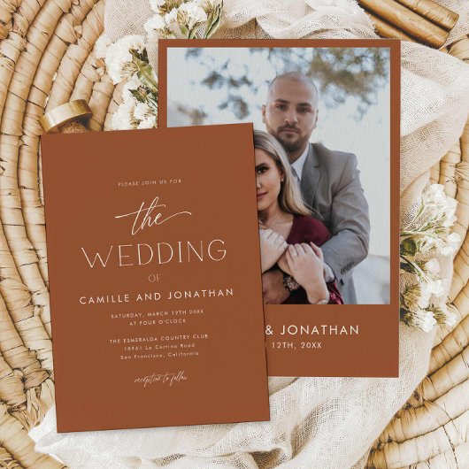 Terracotta Boho minimale foto bruiloft uitnodiging
