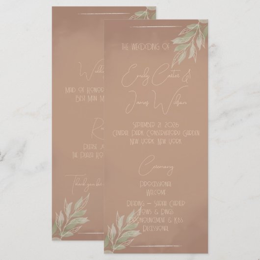Terracotta Boho Minimalist Wedding Programmakaart (Voorkant / Achterkant)