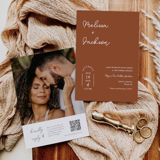 Terracotta Boho Minimalist Wedding QR Code Foto Kaart