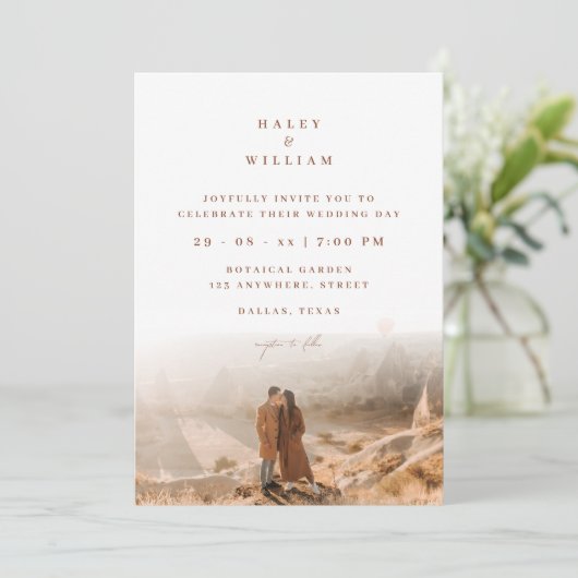 Terracotta Boho minimalistisch script foto bruilof Kaart (Staand voorkant)