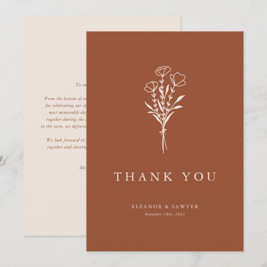 Terracotta Boho minimalistische botanische bruilof Bedankkaart (Voorkant / Achterkant)