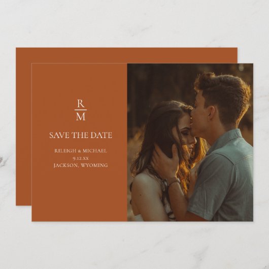 Terracotta Boho Monogram Huwelijk Save the Date (Voorkant / Achterkant)