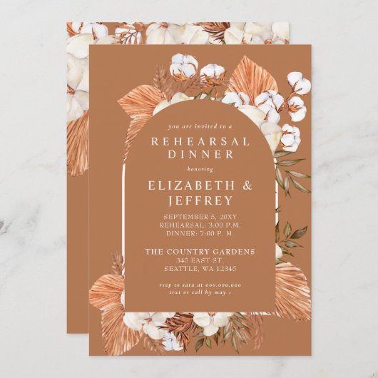Terracotta Boho Pampas Arched Rehearsal Dinner Kaart (Voorkant / Achterkant)