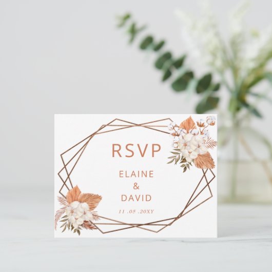 Terracotta Boho Pampas Geometric Wedding RSVP Uitnodiging Briefkaart (Staand voorkant)