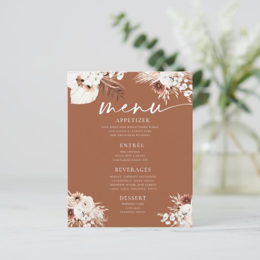 Terracotta Boho Pampas Gras Wedding Flat Menu (Staand voorkant)