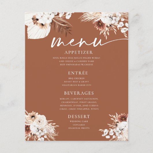 Terracotta Boho Pampas Gras Wedding Flat Menu (Voorkant)