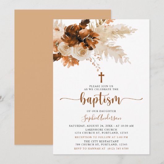 Terracotta Boho Pampas Grass doop uitnodiging (Voorkant / Achterkant)