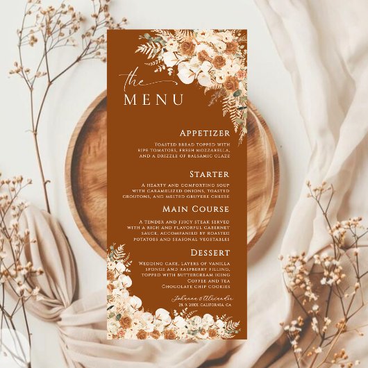 Terracotta Boho Pampas Grass Floral Wedding Menu