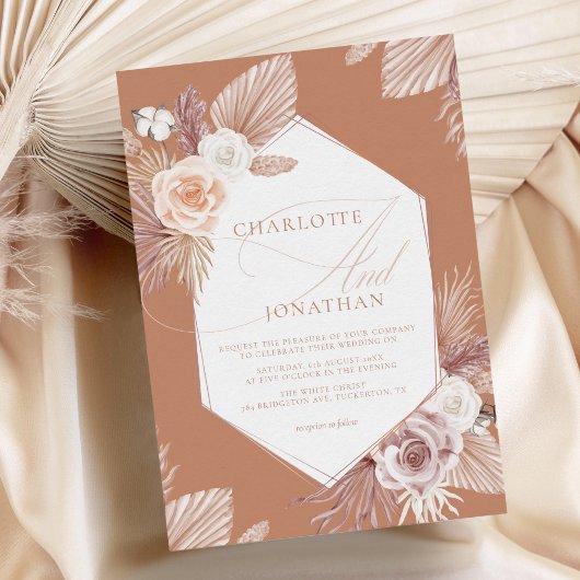 Terracotta Boho Pampas Grass Wedding Invitation Kaart
