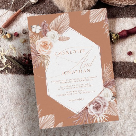 Terracotta Boho Pampas Grass Wedding Invitation Kaart