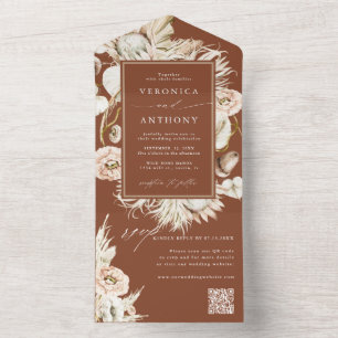 Terracotta Boho Pampas Grass Wedding QR Code All In One Uitnodiging
