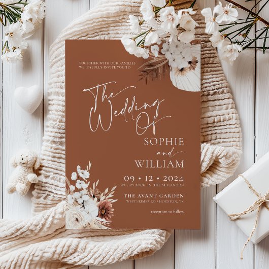 Terracotta Boho Pampas Wedding Invitation Kaart