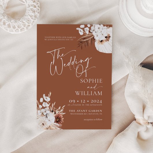 Terracotta Boho Pampas Wedding Invitation Kaart