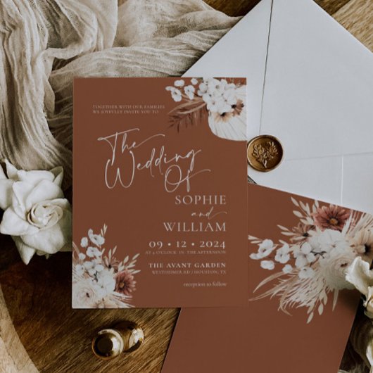 Terracotta Boho Pampas Wedding Invitation Kaart