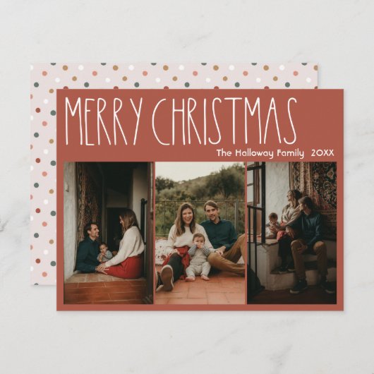 Terracotta Boho Polka Dot Kerstmis drie-foto Feestdagenkaart (Voorkant / Achterkant)
