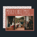 Terracotta Boho Polka Dot Kerstmis drie-foto Feestdagenkaart<br><div class="desc">Deze terracotta boho polka stip met drie foto's kerstkaart is perfect voor je moderne bohemische boerderijvriendelijke feestelijke groet. Het klassieke rustige, maar delicate, handgetekende lettertype geeft het een oorvolle blik, terwijl het schattig en eenvoudig blijft. De polka stippen komen in de aardtoon van rood, sage groen, wazige roze, terracotta, roest,...</div>