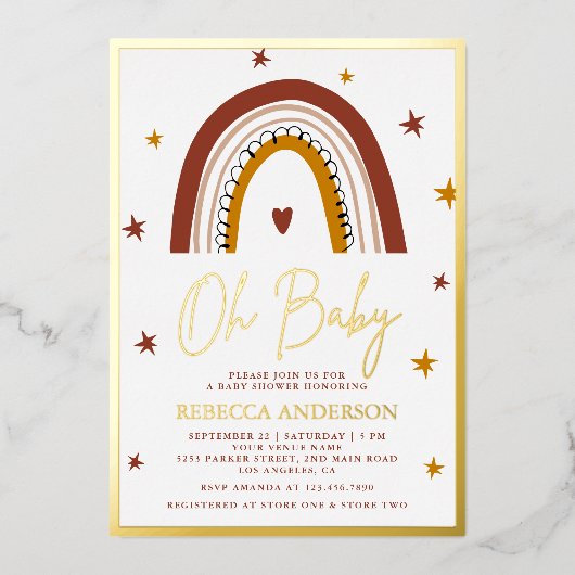 Terracotta Boho Rainbow Baby shower Gold Folie Uitnodiging (Voorkant)