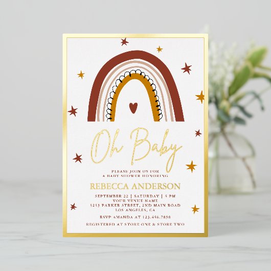 Terracotta Boho Rainbow Baby shower Gold Folie Uitnodiging (Staand Voorkant)