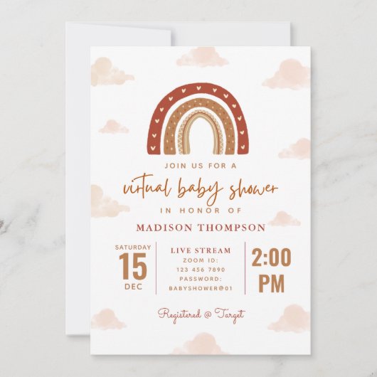 Terracotta Boho Rainbow Clouds Virtual Baby shower Kaart (Voorkant)