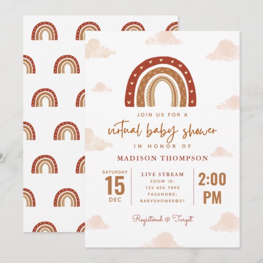 Terracotta Boho Rainbow Clouds Virtual Baby shower Kaart (Voorkant / Achterkant)