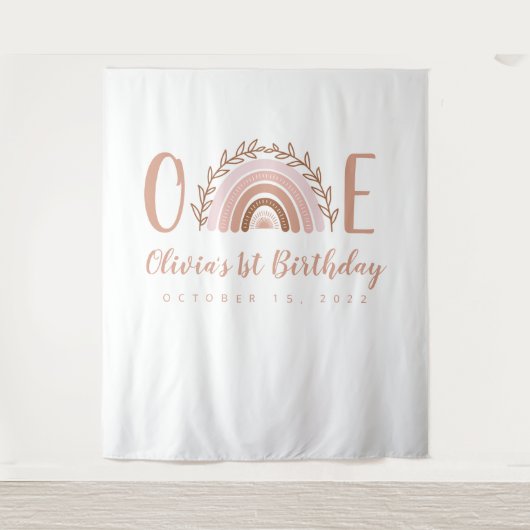 Terracotta Boho Regenboog Eerste Verjaardag Achter Wandkleed (Voorkant)