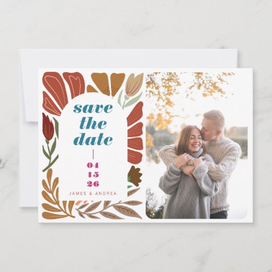 Terracotta Boho Retro Bright Floral Wedding Foto Save The Date (Voorkant)