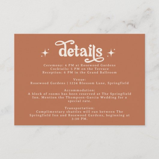Terracotta Boho Retro Bruiloft Stationery Informatiekaartje (Voorkant)