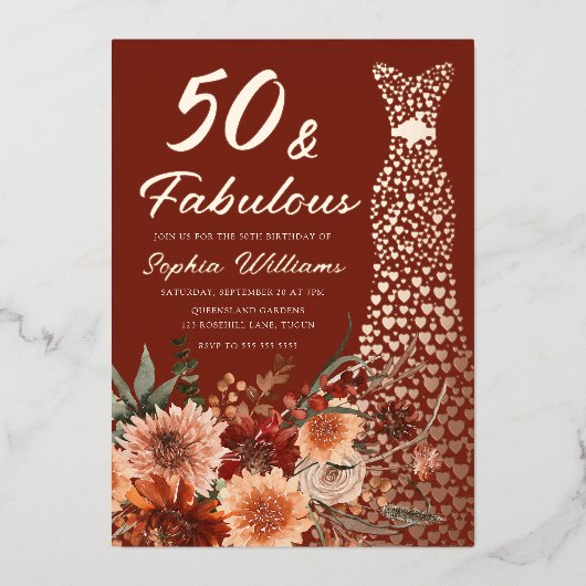 Terracotta Boho Roos Gouden Jurk 50e Verjaardag Folie Uitnodiging (Voorkant)