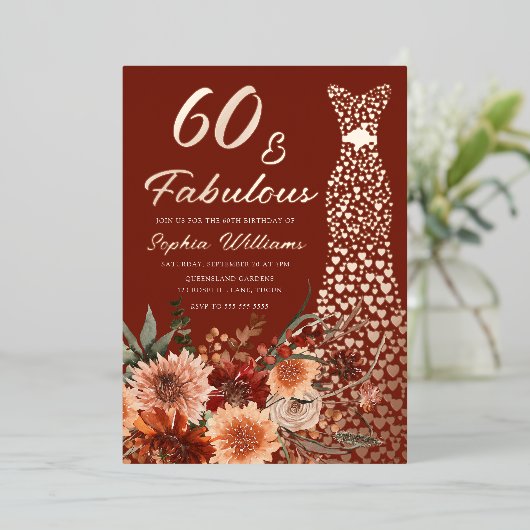 Terracotta Boho Roos Gouden Jurk 60e Verjaardag Folie Uitnodiging (Staand Voorkant)