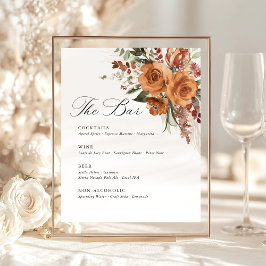 Terracotta Boho Rose Floral Wedding Bar Menu Reclamebord Met Voetstuk