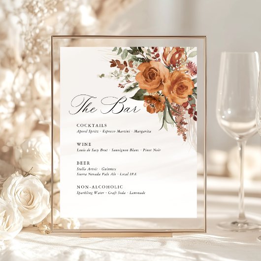 Terracotta Boho Rose Floral Wedding Bar Menu Reclamebord Met Voetstuk