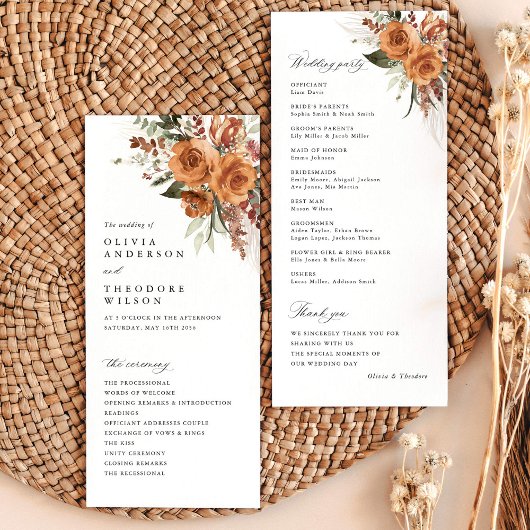 Terracotta Boho Rose Floral Wedding Ceremony Programmakaart