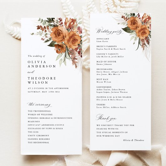 Terracotta Boho Rose Floral Wedding Ceremony Programmakaart