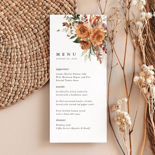 Terracotta Boho Rose Wedding Reception Dinner Menu