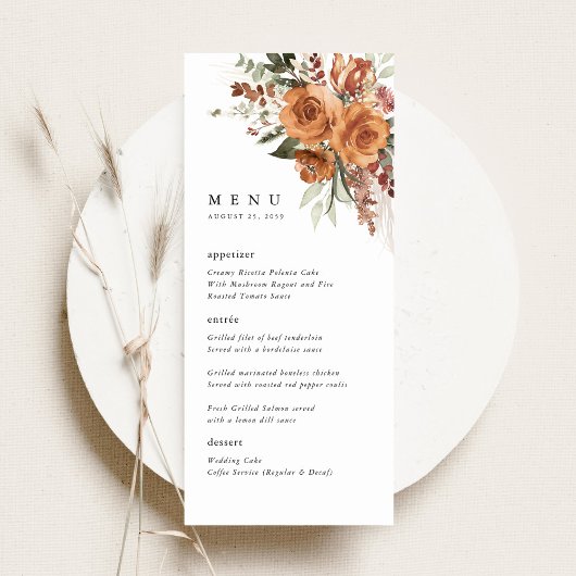 Terracotta Boho Rose Wedding Reception Dinner Menu