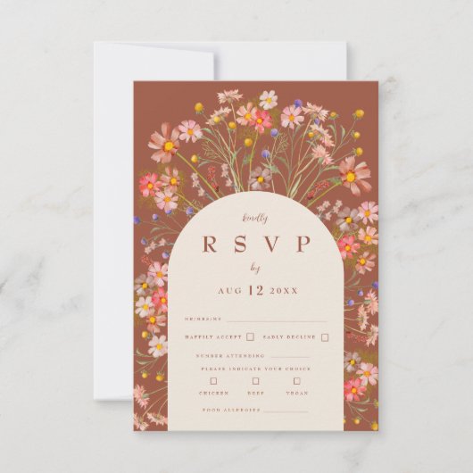 Terracotta Boho Rustieke Bloemenboog Maaltijden RSVP Kaartje (Voorkant)