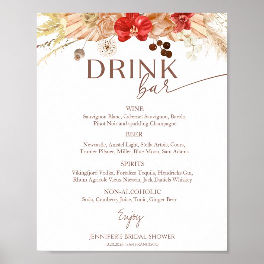 Terracotta Boho Vrijgezellenfeest Drinken Menu Sig Poster (Voorkant)