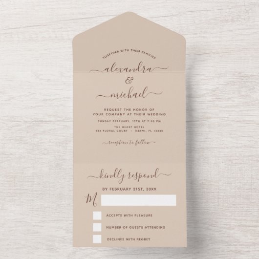 Terracotta Boho Wedding Modern Typografie RSVP All In One Uitnodiging (Binnen)