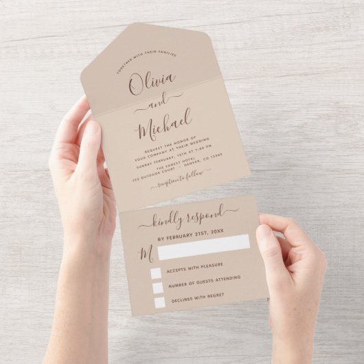 Terracotta Boho Wedding Modern Typografie RSVP All In One Uitnodiging (Afscheurbaar)