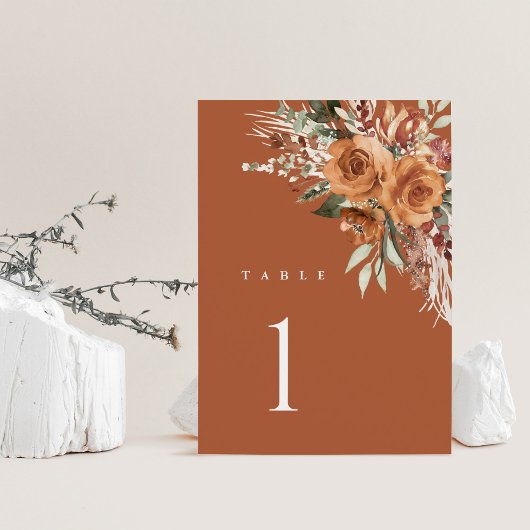 Terracotta Boho Wedding Table Numbers, Rose Floral