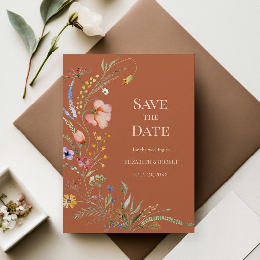 Terracotta Boho Wilde Bloemen Save The Date Kaart